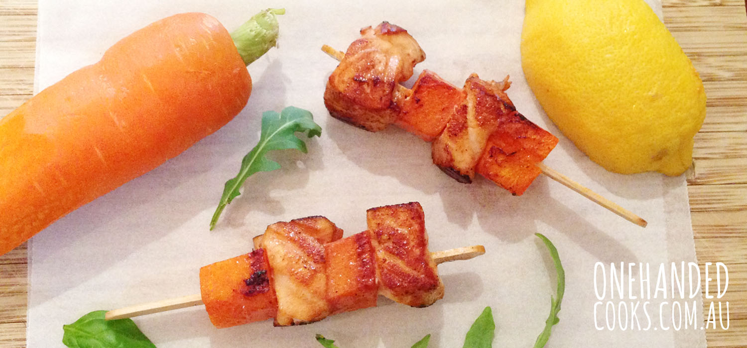 Teriyaki Salmon and Carrot Skewers - One Handed Cooks