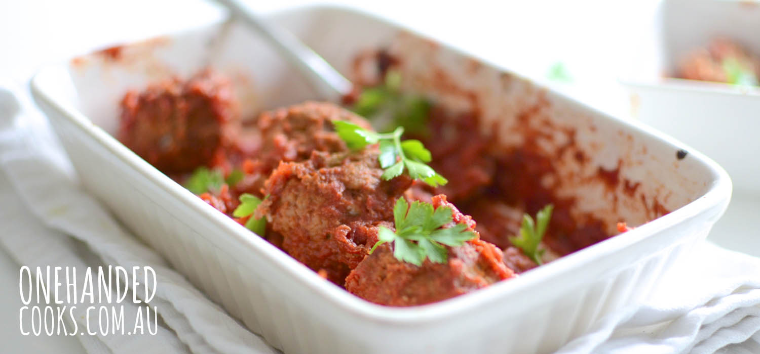 Baked Meatballs with Simple Tomato Sauce - One Handed Cooks