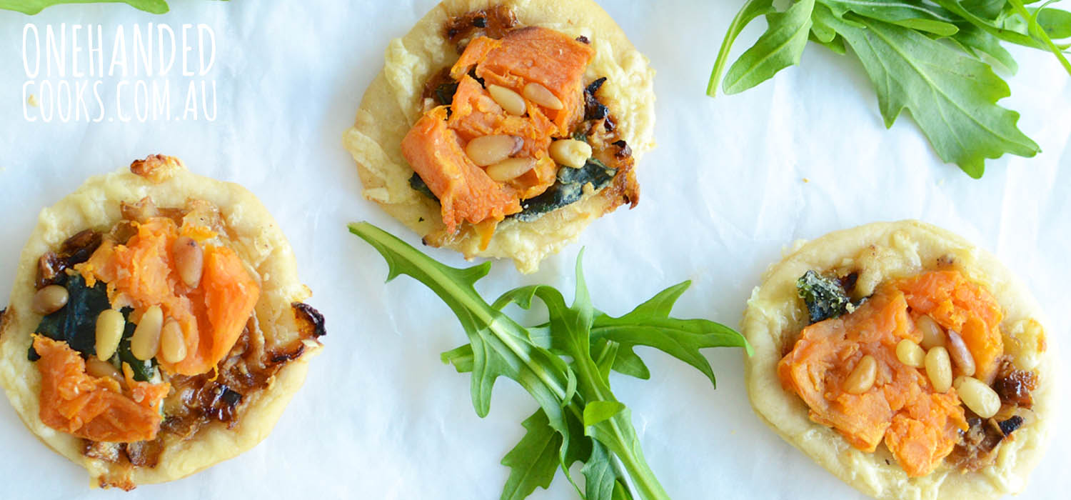 Mini Spelt Pizzas With Sweet Potato and Spinach - One Handed Cooks