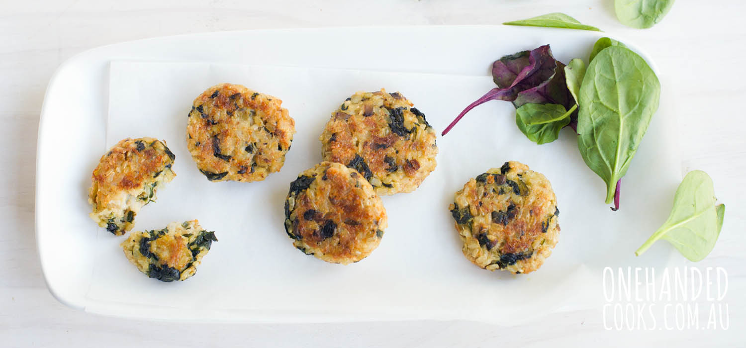 Gluten-Free Cheesy Tuna, Spinach and Mushroom Rice Patties - One Handed Cooks