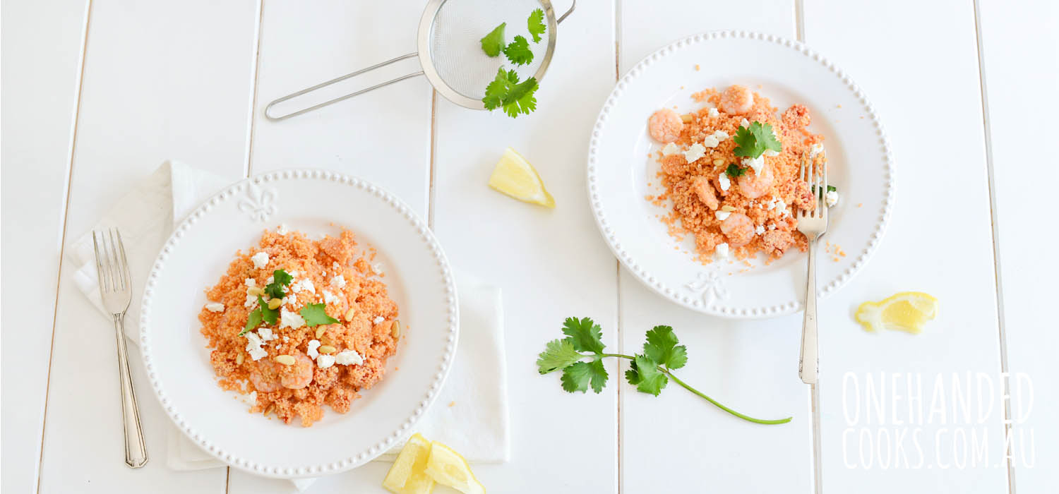 One Pot Prawn and Tomato Couscous - One Handed Cooks